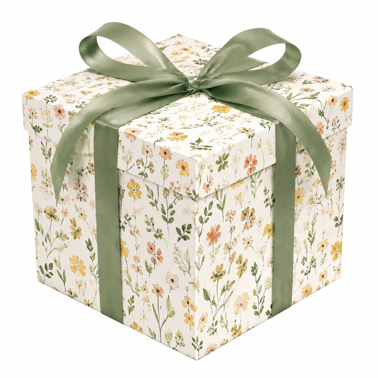 Geschenkbox 20 x 20 x 20 cm aus Karton Weiß Grün mit Blumenmuster und Schleifenband