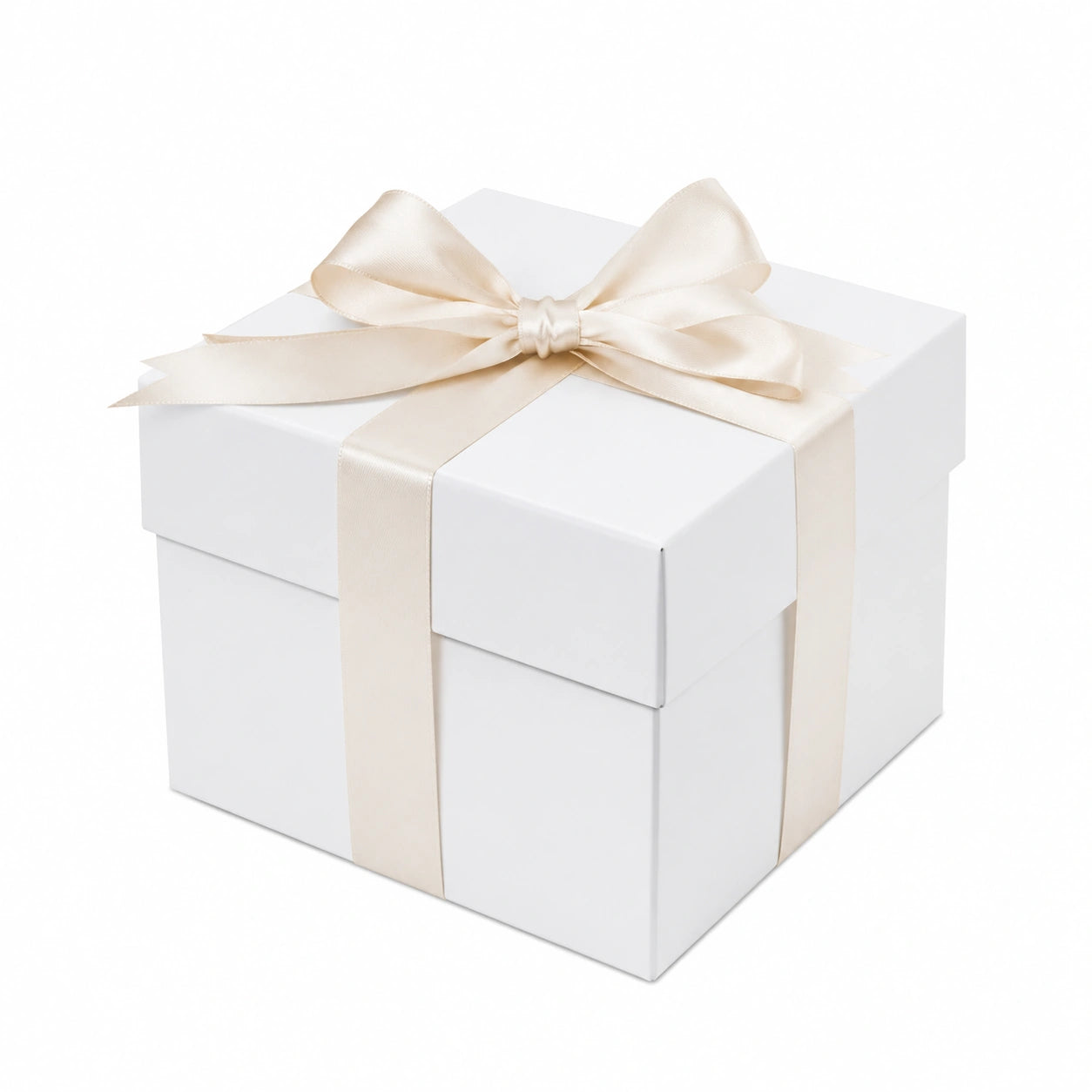 Geschenkbox 20 x 20 x 20 cm aus Karton Weiß mit cremefarbenem Satinband quadratisch