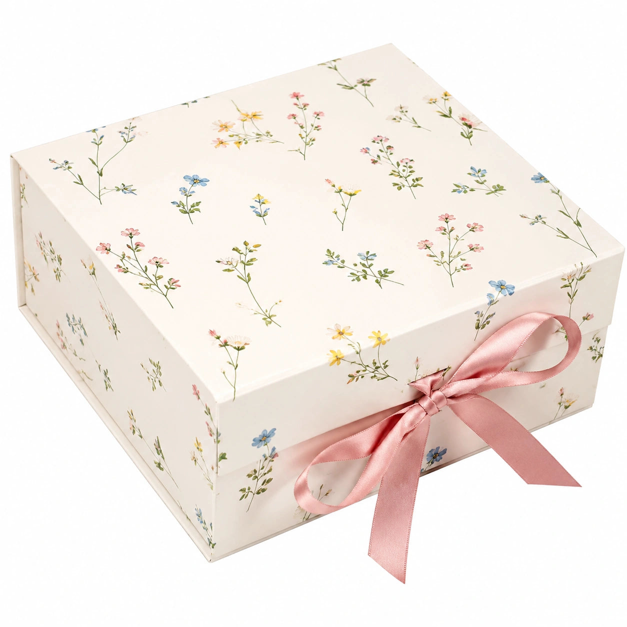 Geschenkbox 25 x 25 x 10 cm aus Karton Weiß mit Blumenmuster und Schleifenverschluss