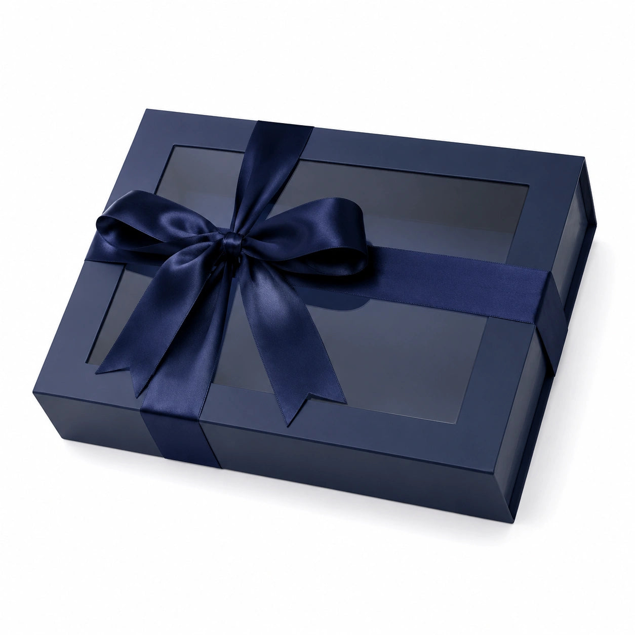 Geschenkbox 30 x 20 x 8 cm aus Karton in Dunkelblau mit Sichtfenster und Schleifenverschluss