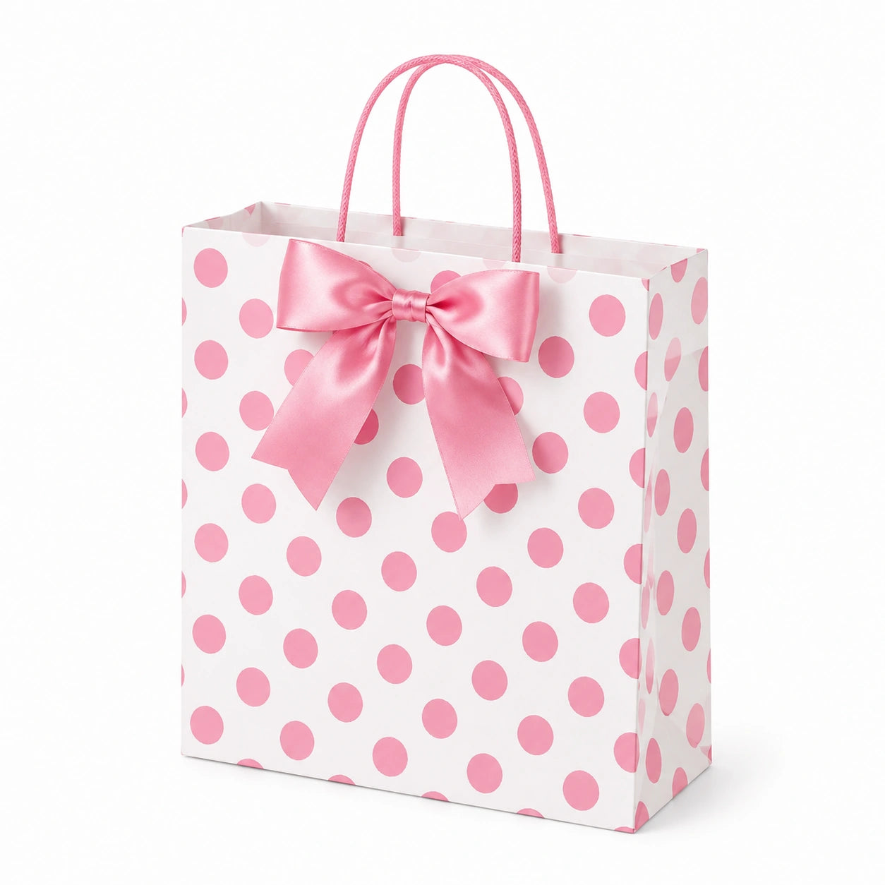Geschenktüte 26 x 13 x 32 cm aus Papier Weiß Rosa mit Punkten und Schleife