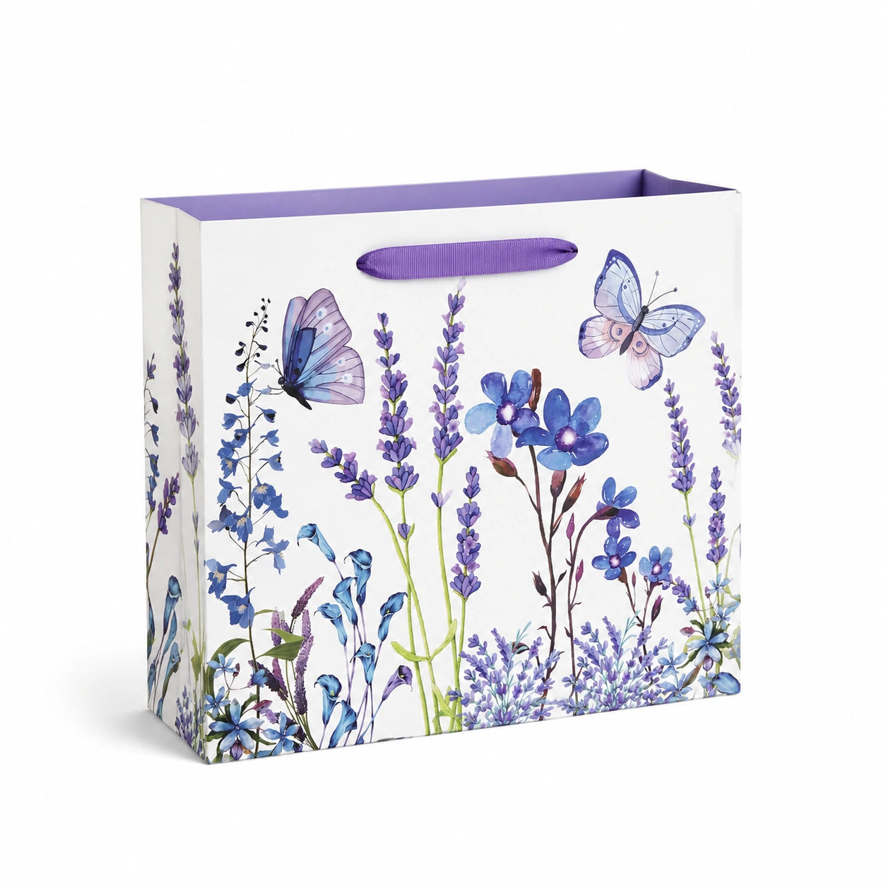 Geschenktüte 26 x 12 x 32 cm aus Papier Weiß Lila mit Blumenmotiv und Bandhenkeln