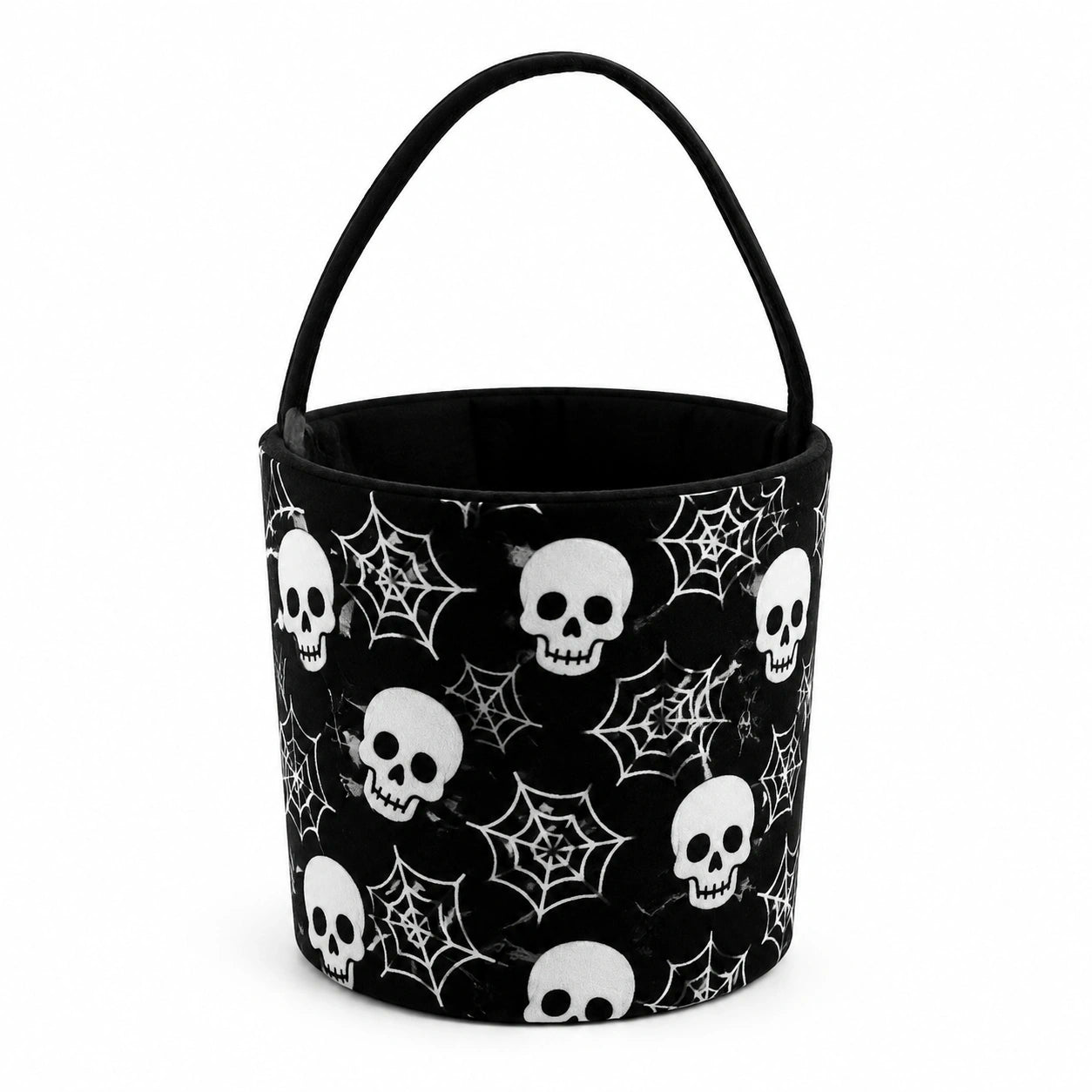Stoffkorb 25 cm Schwarz mit Totenkopf- und Spinnennetzmuster mit Tragegriff