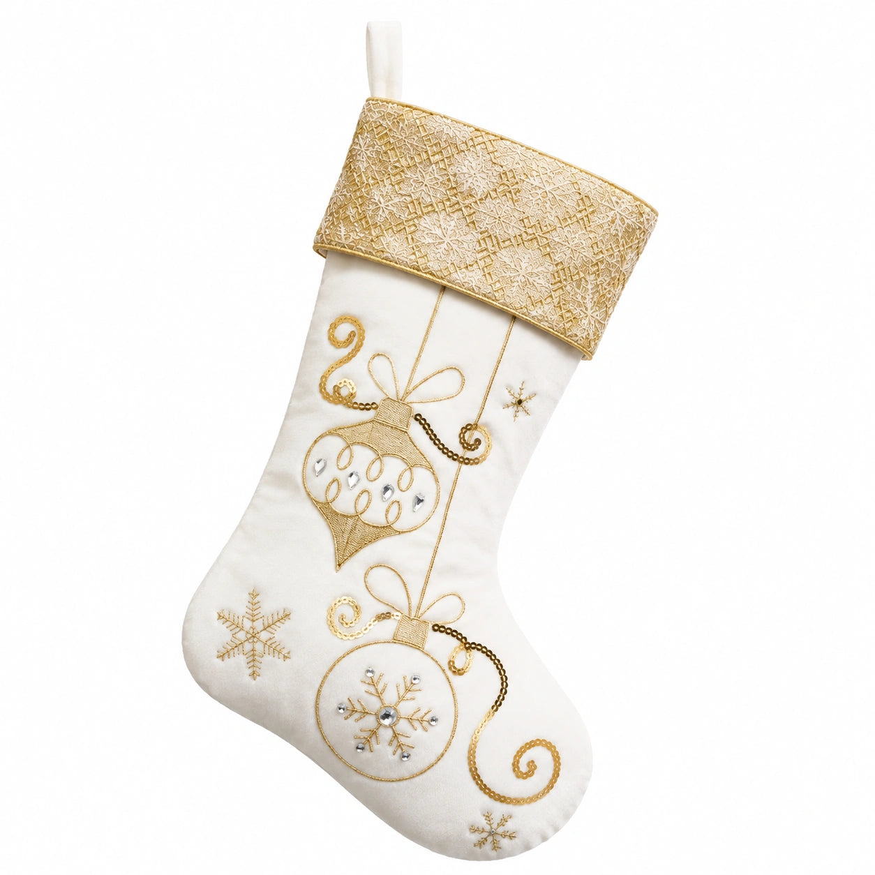 Weihnachtsstrumpf 45 cm aus Textil in Elfenbein Gold mit Stickerei zum Aufhängen
