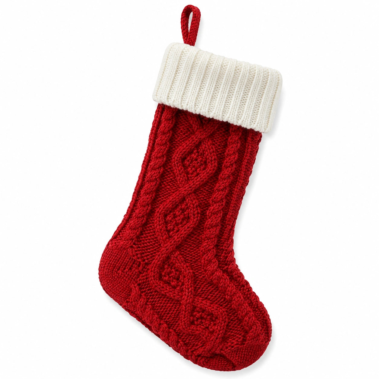 Weihnachtsstrumpf 45 cm aus rotem Stricktextil mit cremeweißem Bündchen und Aufhängeschlaufe