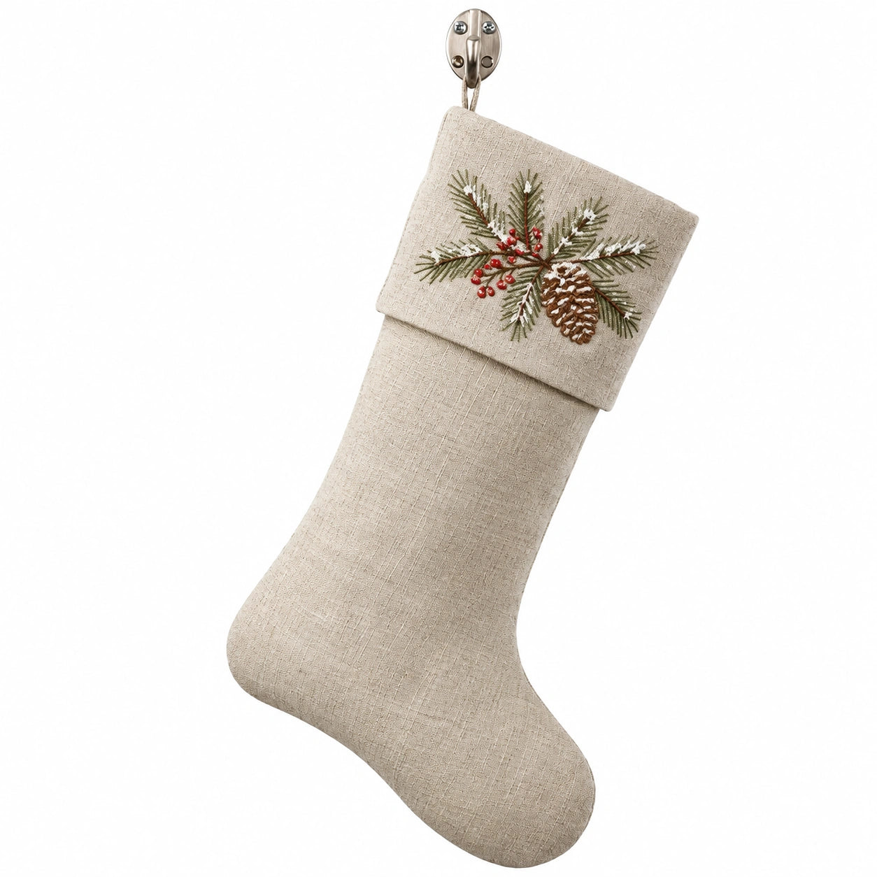 Weihnachtsstrumpf 45 cm aus Textil in Beige mit Tannenzweig Stickerei zum Aufhängen
