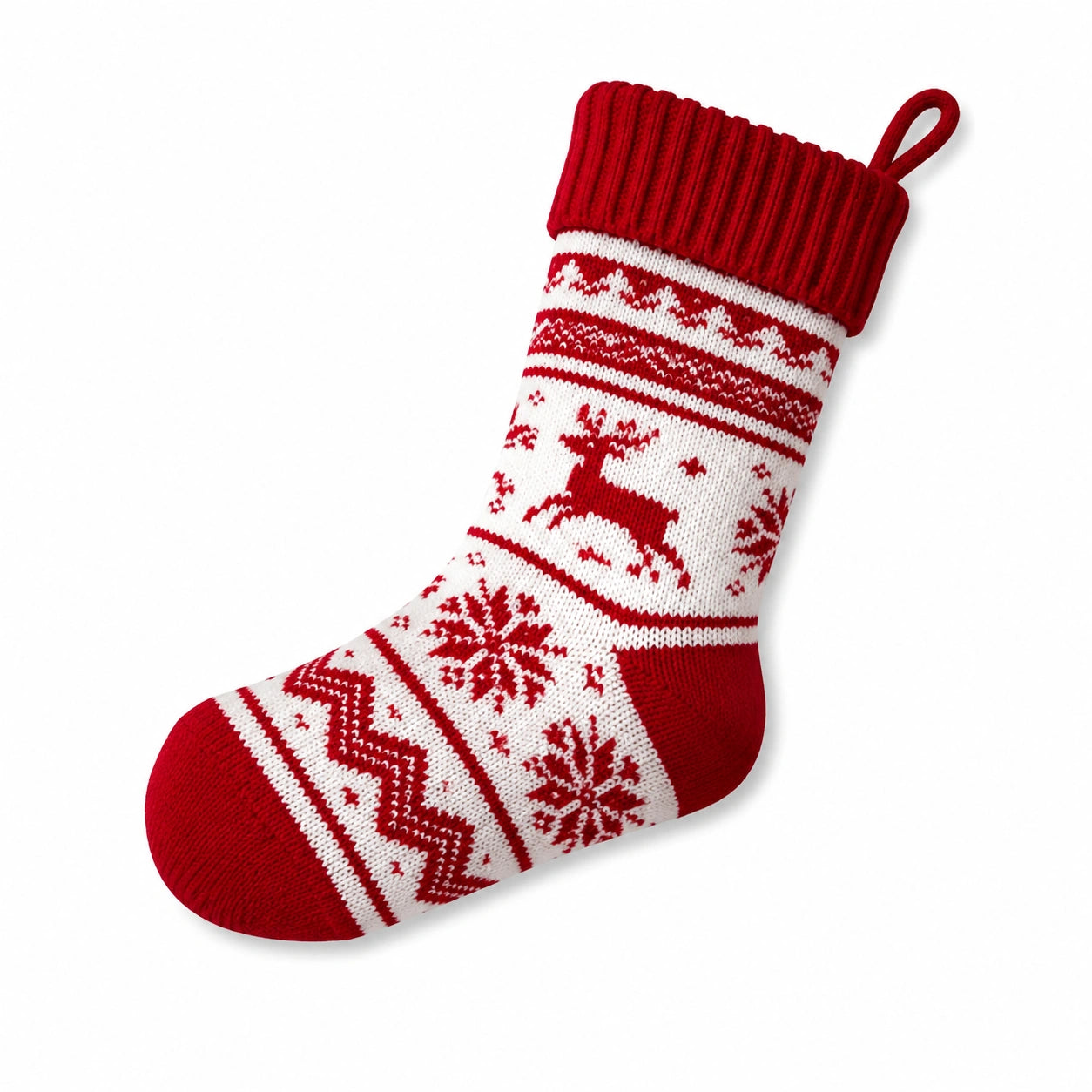 Weihnachtsstrumpf 45 cm aus Textilstrick Rot Weiß mit Rentiermotiv zum Aufhängen
