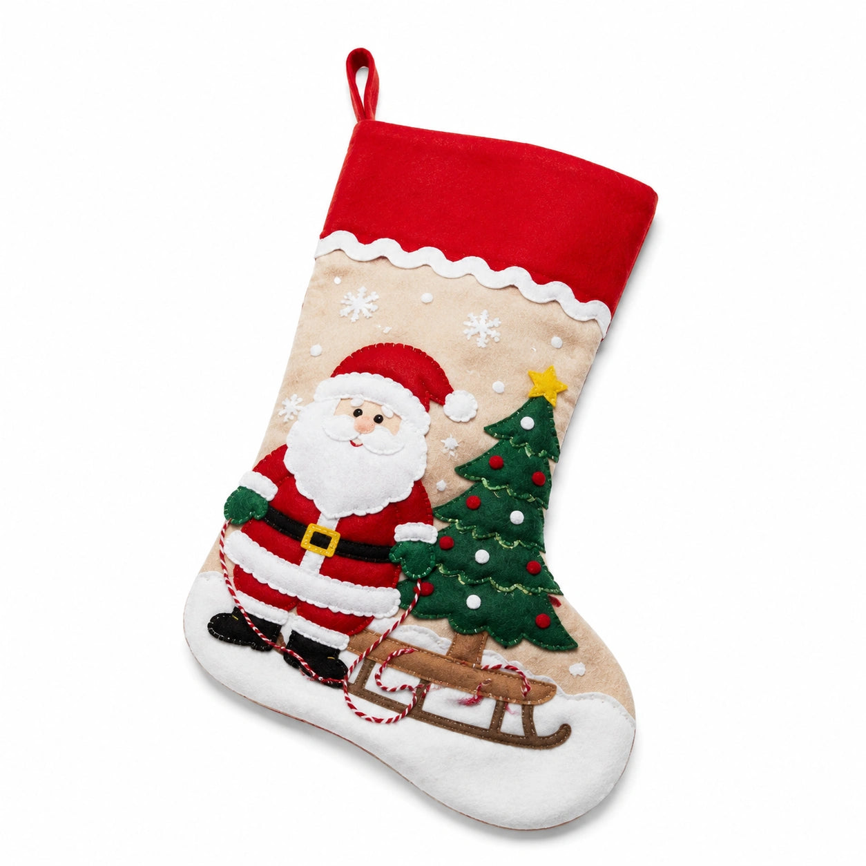 Weihnachtsstrumpf 48 cm aus Textilfilz Rot Beige mit Aufhängeschlaufe