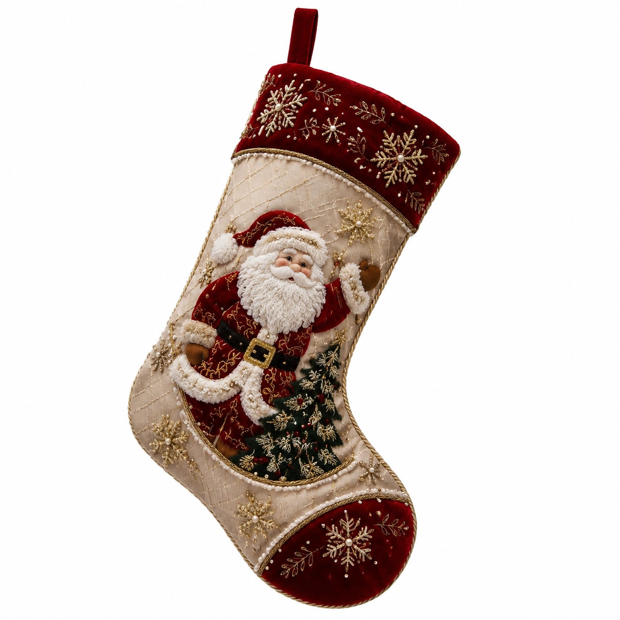 Weihnachtsstrumpf 45 cm aus Samt Rot Beige mit Nikolausmotiv zum Aufhängen