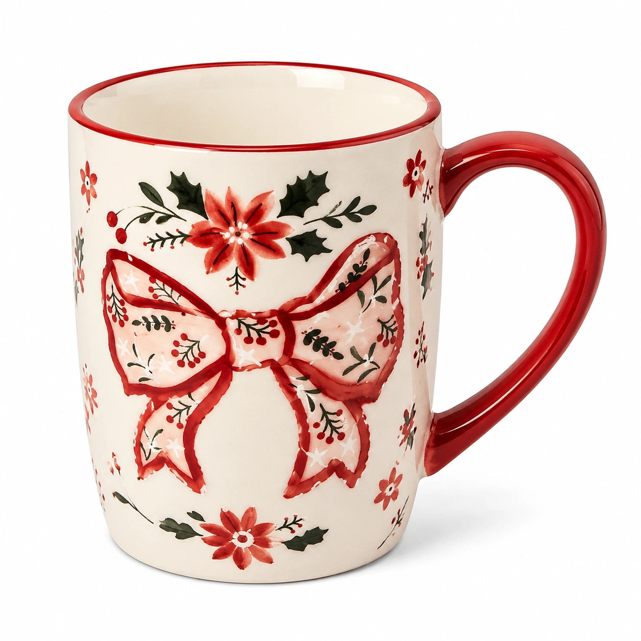 Keramiktasse 9 cm Creme Rot mit Schleifenmotiv für Heißgetränke