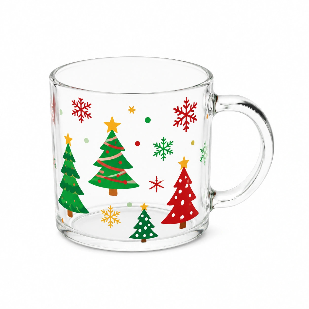 Glasbecher 350 ml transparent mit Weihnachtsbaumdruck und Henkel