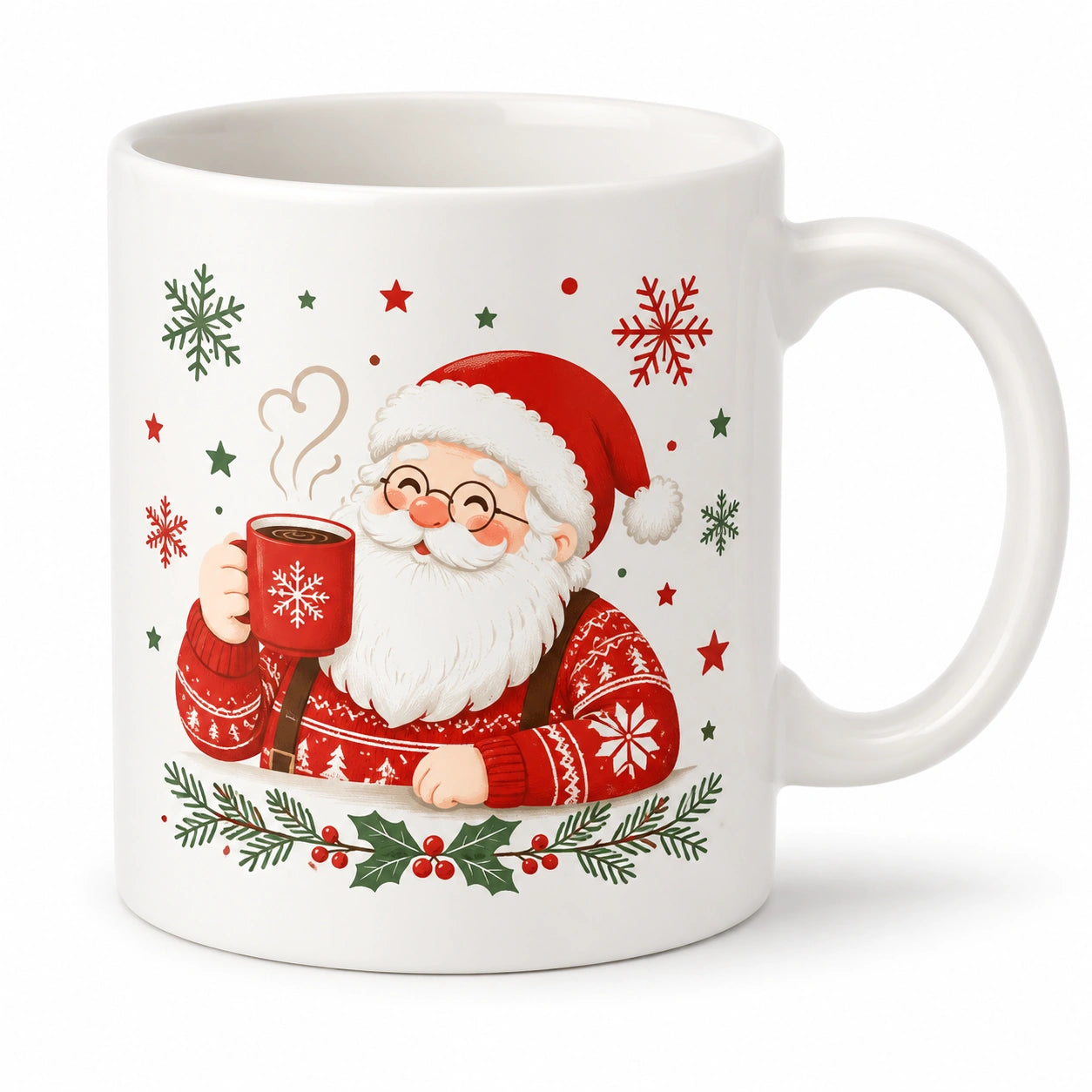 Keramiktasse 330 ml Weiß Rot Grün mit Weihnachtsmannmotiv für Heißgetränke winterlich