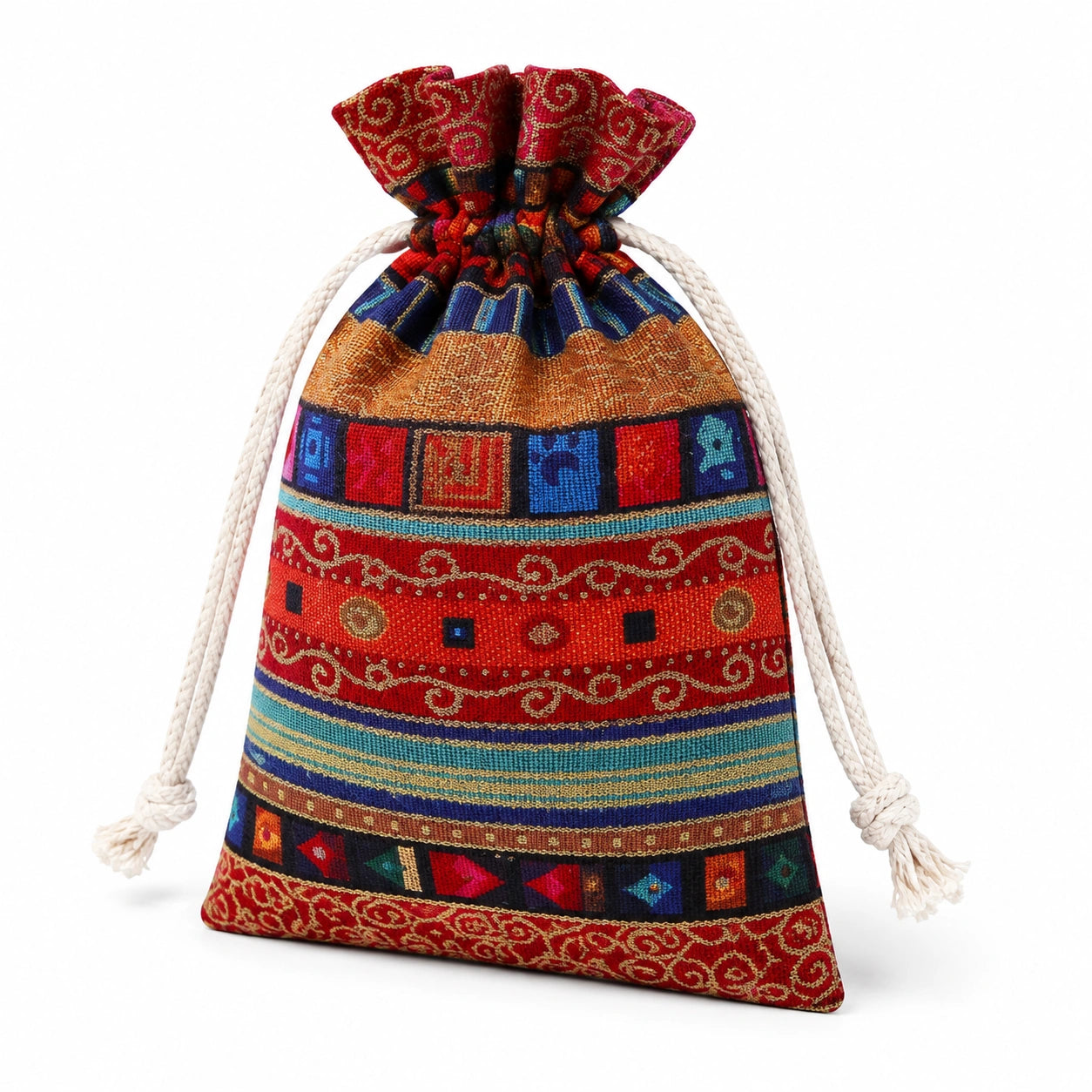 Stoffbeutel 15 x 20 cm Rot Mehrfarbig mit Kordelzug im Ethno-Stil